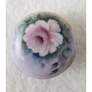 Trinket Box Vintage Round lavender porcelain w Lid painted Flowers gold trim 2pc